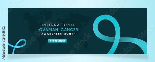 Cyan ribbon awareness graphic for International Ovarian Cancer Awareness Month banner.