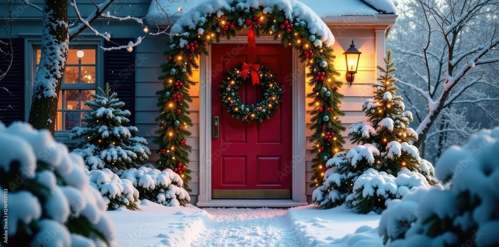 Fototapeta premium Snow-covered entrance with a festive wreath and garland, , holly
