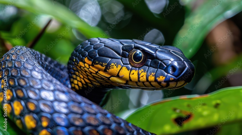 Close-up of a vibrant black and yellow snake coiled among lush green foliage in a rainforest Close-up of a vibrant black and yellow snake coiled among lush green foliage in a rainforest