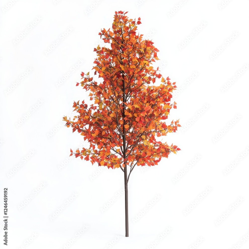Naklejka premium A single autumn tree with a canopy of red, orange, and yellow leaves, isolated on a white background
