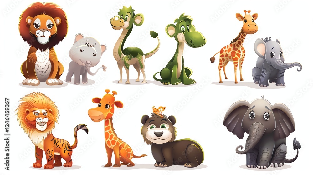 Obraz premium A collection of cartoon animals, including lions, giraffes, elephants, and a monkey, drawn in a cute style.