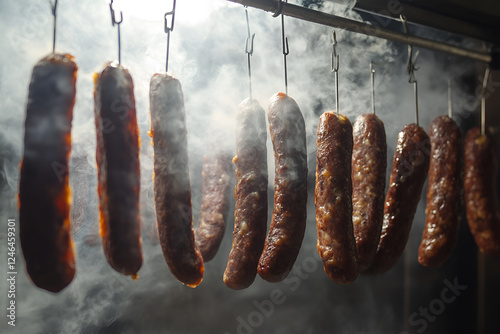 Salami hanging on a rope on a metal frame in the smoke house photo