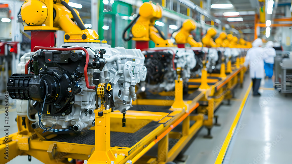 Automated engine assembly process manufacturing plant industrial operations factory environment close-up view robotics and technology Automated engine assembly process manufacturing plant industrial operations factory environment close-up view robotics and technology