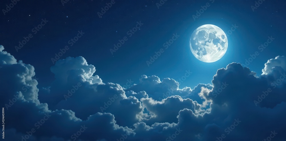 Fototapeta premium Low-hanging clouds and full moon in the night sky, realistic, photograph, cloud formations