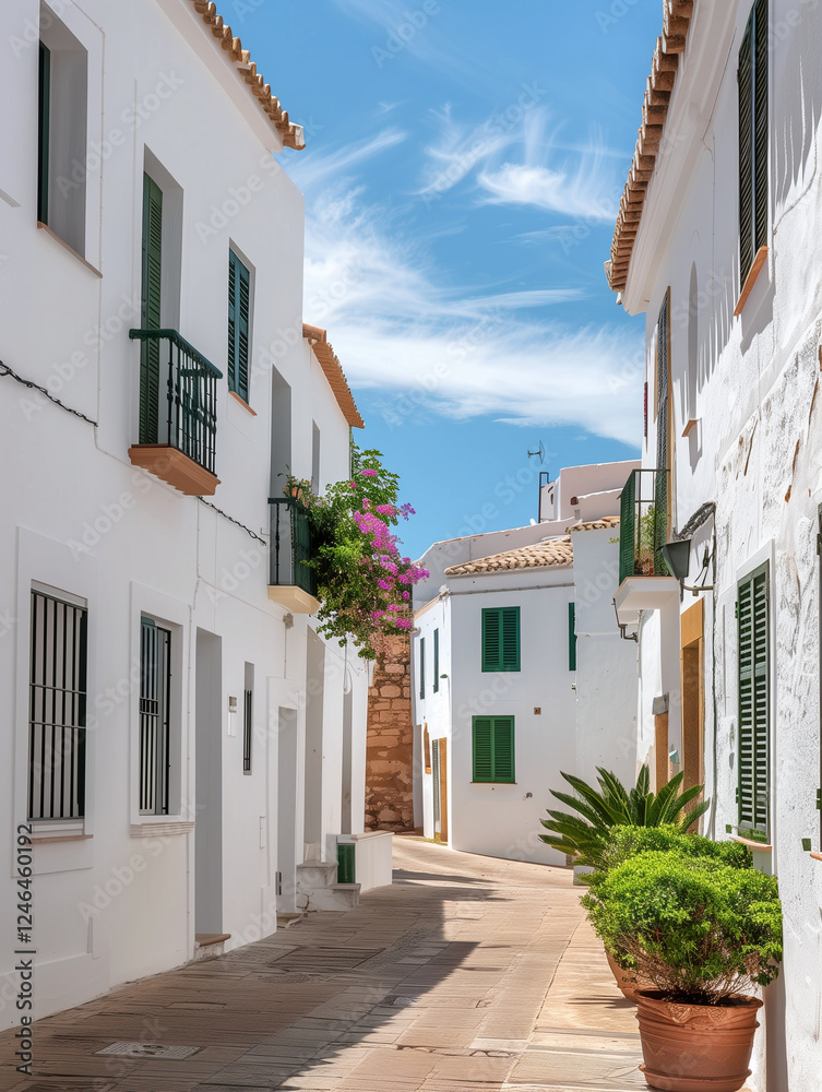 Fototapeta premium Charming street in a Mediterranean village with whitewashed buildings and vibrant flowers on a sunny day