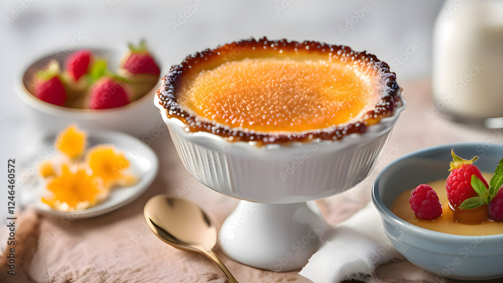 Creamy creme brulee with a caramelized golden crust in an elegant dish, garnished with fresh raspberries, custard and decorative flowers, served in soft pastel colors.
Creamy creme brulee with a caramelized golden crust in an elegant dish, garnished with fresh raspberries, custard and decorative flowers, served in soft pastel colors.