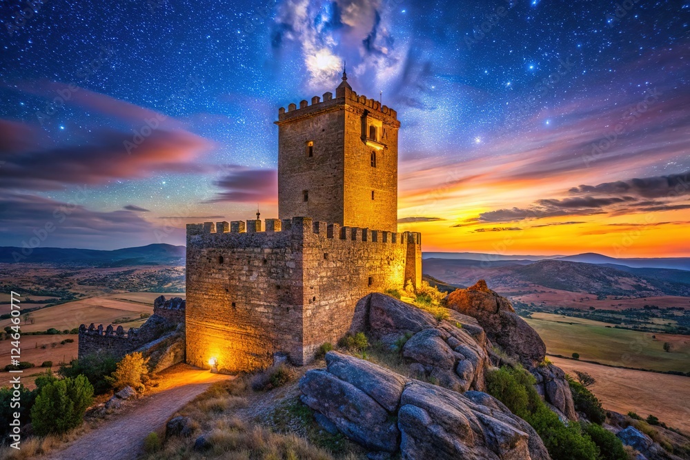 Fototapeta premium Zafra Castle, Guadalajara: Starry night contrasts with the historic walls.