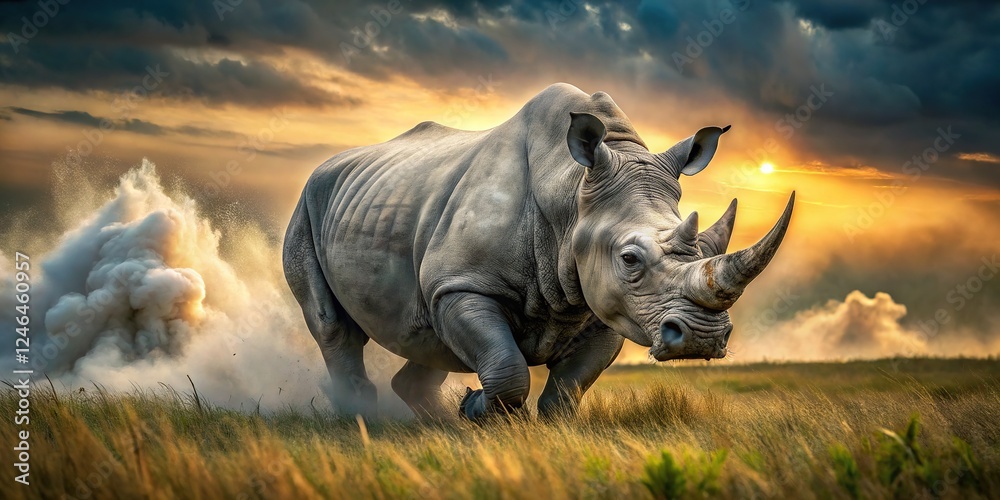 Fototapeta premium Wildlife photo: Charging white rhino, dust storm.