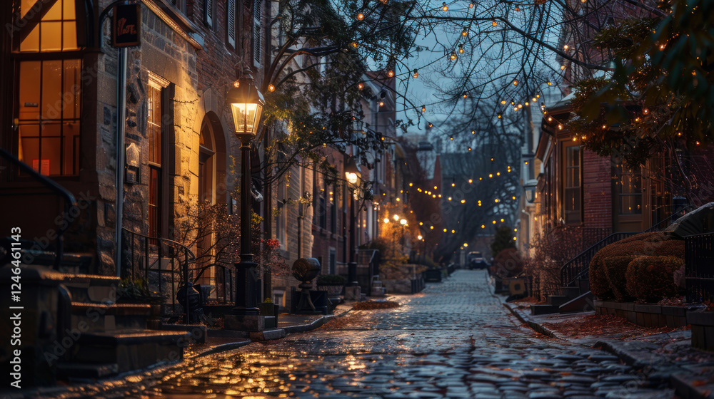 Fototapeta premium Historical Capitol Hill, with gas lamps lighting cobblestone paths