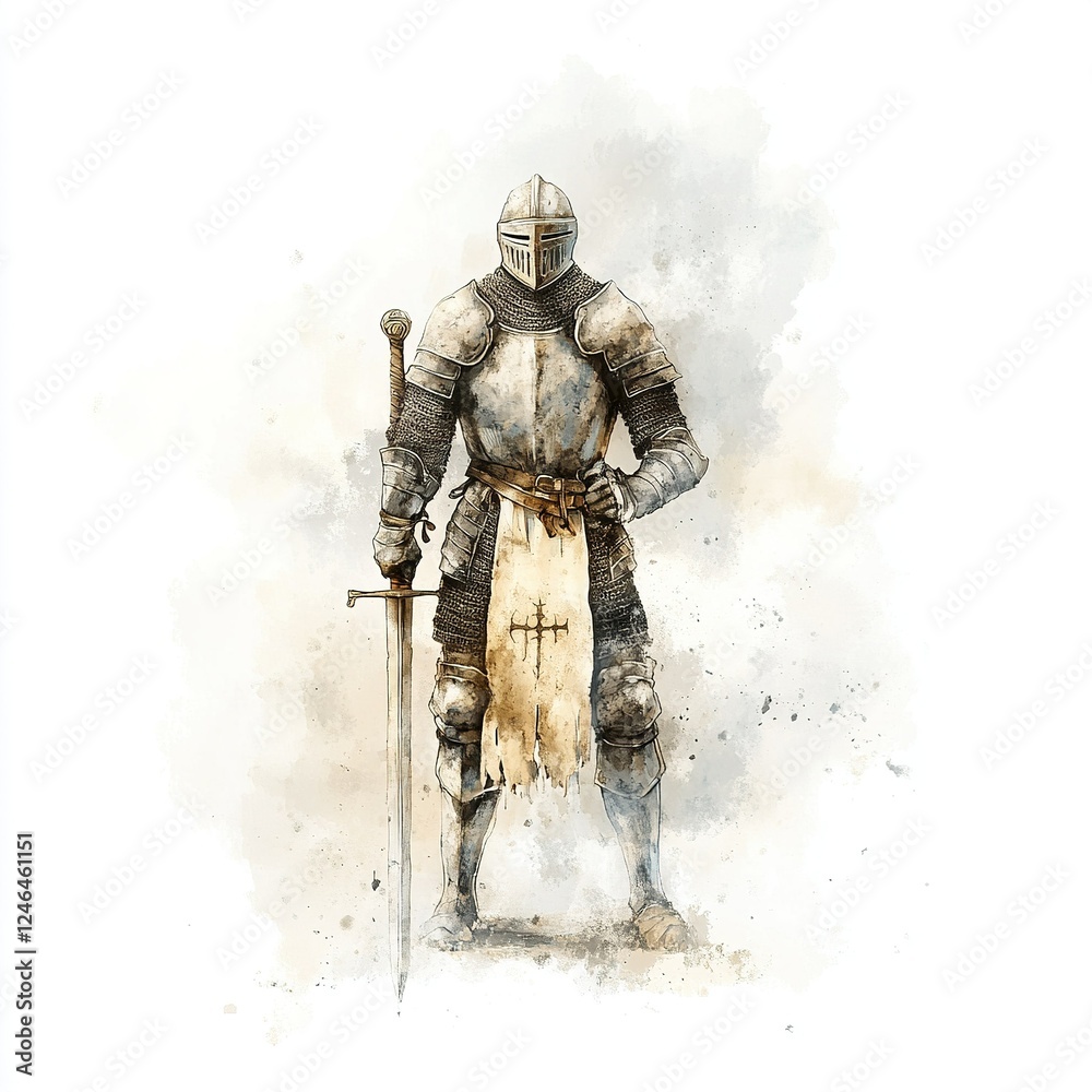 Fototapeta premium Medieval Knight Illustration, hand-drawn depiction of a knight in armor, historical detail, muted colors, isolated on white background