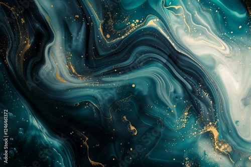 Image of Turquoise green dark marble fluid art pattern with golden veins. Texture for background usage
