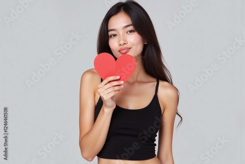 young woman with red paper heart puckered lips black tank top
