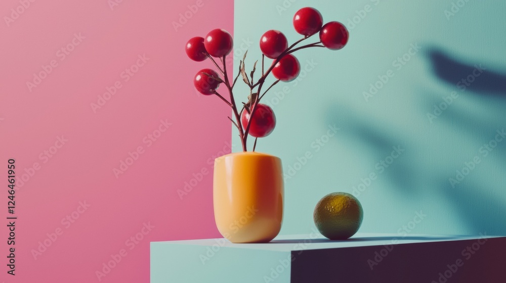 Minimalist decor with red blossoms in a vase on a pastel pink background Minimalist decor with red blossoms in a vase on a pastel pink background