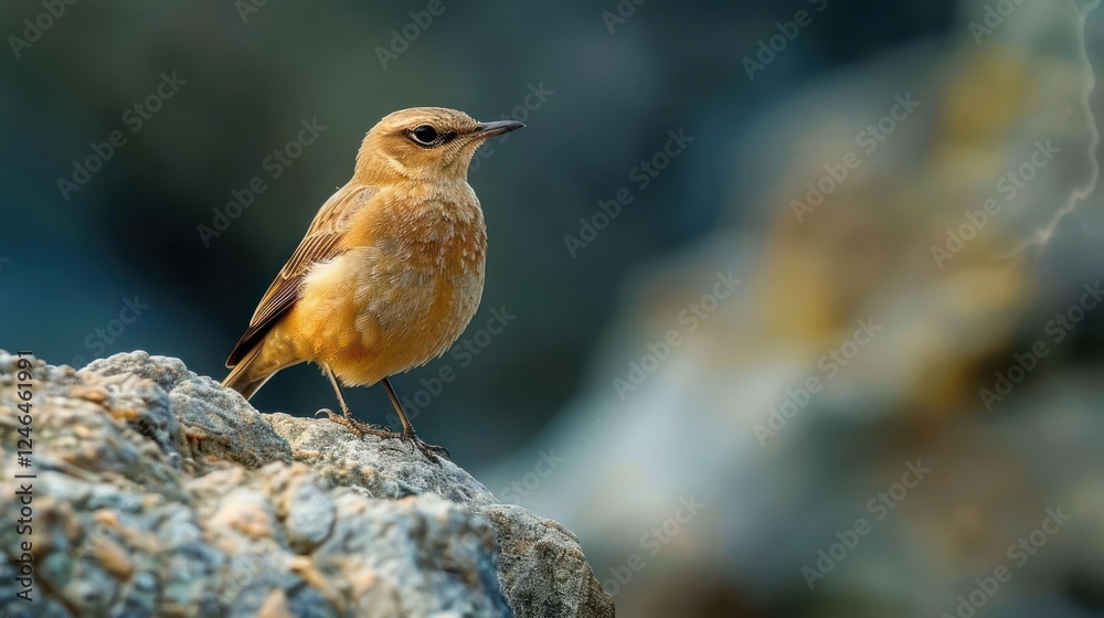 A small bird perched on a rocky surface, surrounded by a blurred natural background A small bird perched on a rocky surface, surrounded by a blurred natural background