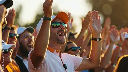 Enthusiastic golf fans clapping and cheering at tournament