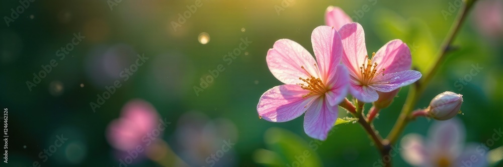 Fototapeta premium Tiny ladybell Adenophora blossoms glisten with dew, blooms, dew drops, flowers