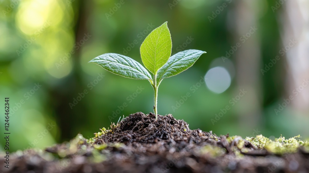Young sprout growing in rich soil, lush green background, new life, environmental concept Young sprout growing in rich soil, lush green background, new life, environmental concept