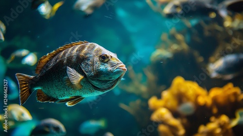 Underwater scene of a fish swimming near vibrant coral