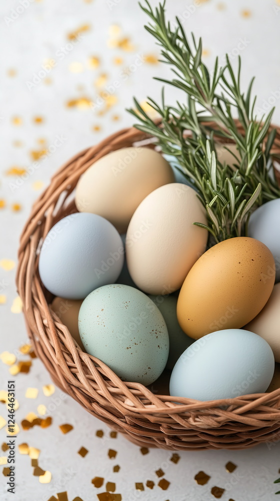 modern terracotta-colored basket with matte eggs in muted olive, ultramarine, and beige tones. Scattered rosemary sprigs and golden confetti. Easter concept. Vertical photo footage for social media modern terracotta-colored basket with matte eggs in muted olive, ultramarine, and beige tones. Scattered rosemary sprigs and golden confetti. Easter concept. Vertical photo footage for social media