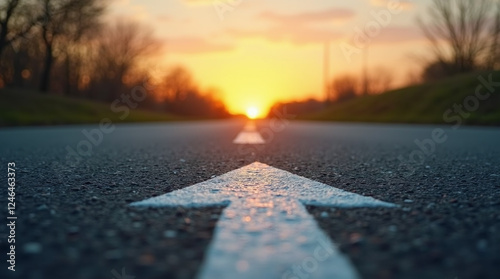 Arrow on Asphalt Road on Sunset, Direction Way Straight Ahead to Success into Future, business career future guidance, journey to the destination