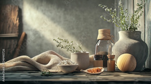 Rustic breakfast table setup with bread and wooden decor photo
