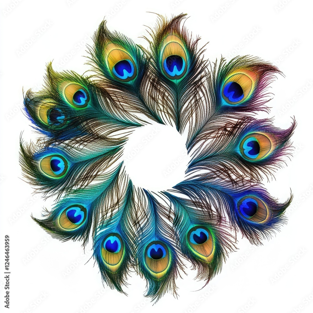 Obraz premium A vibrant peacock feather arrangement forming a circular pattern, rich colors and details, on a clean white background