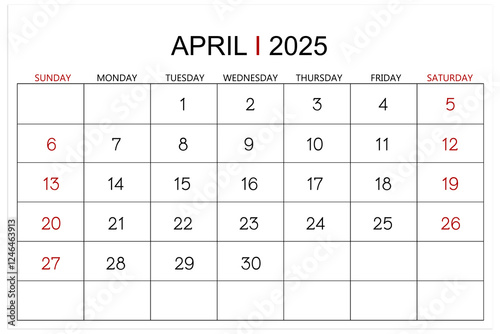 Calendar April 2025 page isolated on white background.