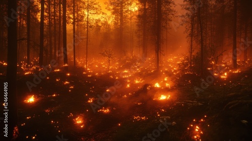 Forest Fire at Dusk with Glowing Embers and Dramatic Sky Atmosphere