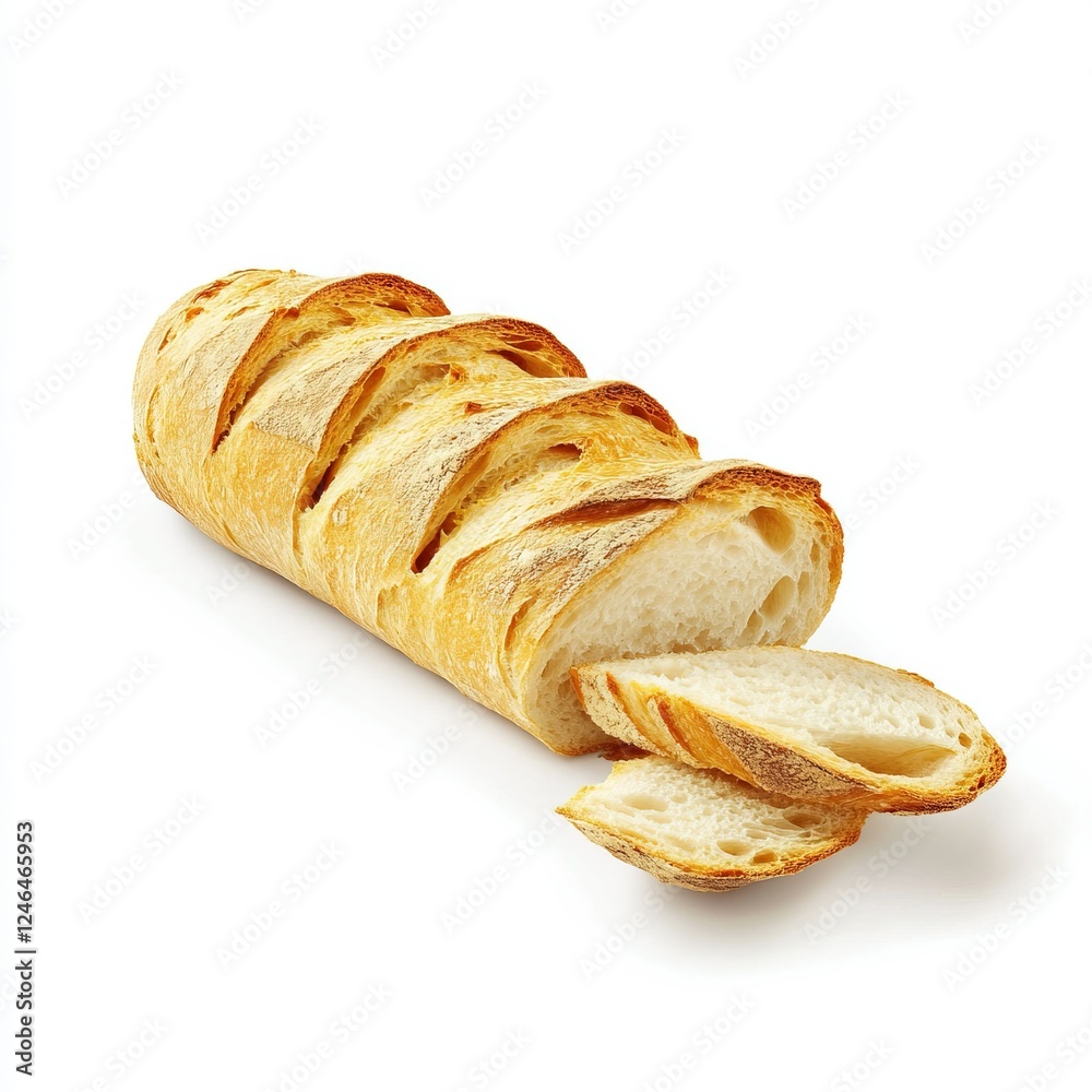 Sliced Baguette Display, golden brown crust, fresh texture, isolated on white, perfect for culinary presentations, appetizing bread element Sliced Baguette Display, golden brown crust, fresh texture, isolated on white, perfect for culinary presentations, appetizing bread element
