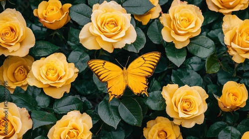 Golden Wings: A Butterfly's Dance Amongst Yellow Roses in Serene Garden