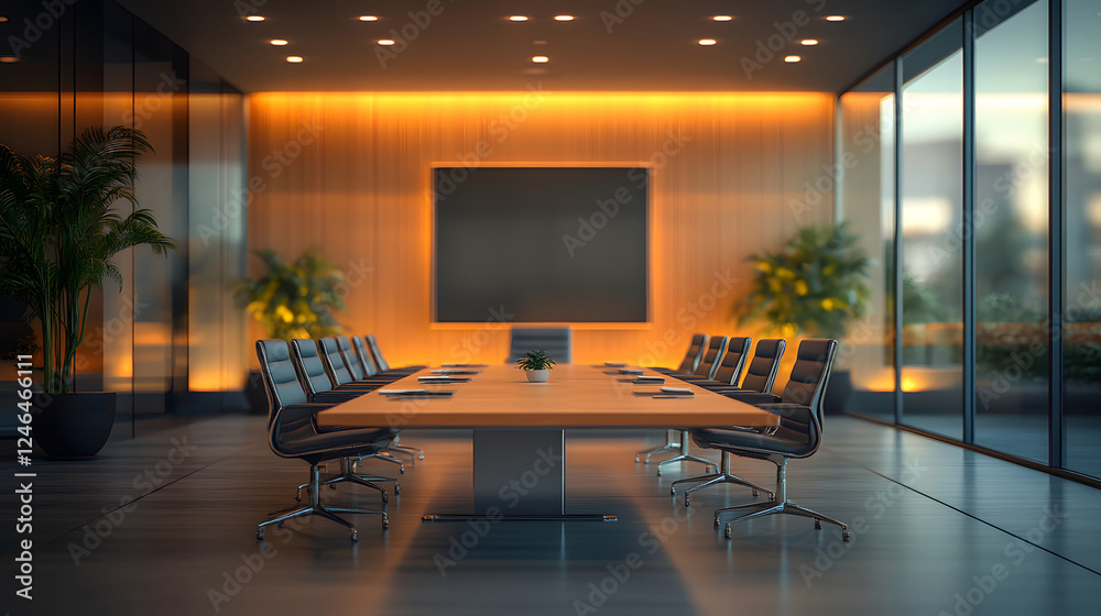 Fototapeta premium Modern Conference Room with Large Table, Office Chairs