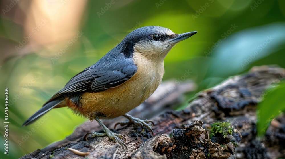Close-up of a Nuthatch perched on a mossy log in a vibrant forest, showcasing its natural habitat Close-up of a Nuthatch perched on a mossy log in a vibrant forest, showcasing its natural habitat