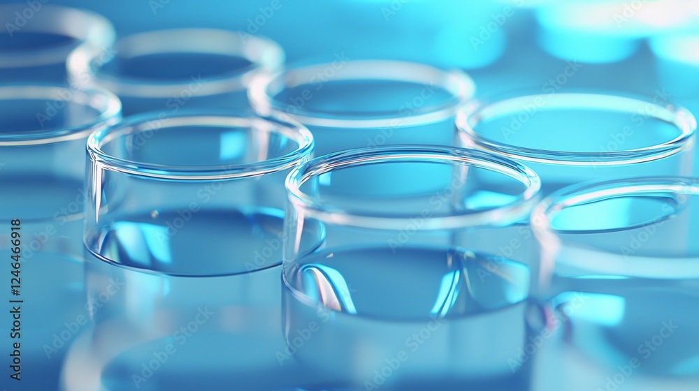 Close-up of transparent glass cups with soft blue reflections Close-up of transparent glass cups with soft blue reflections