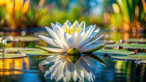 Panoramic view: white lotuses on water, Chilean marsh.
