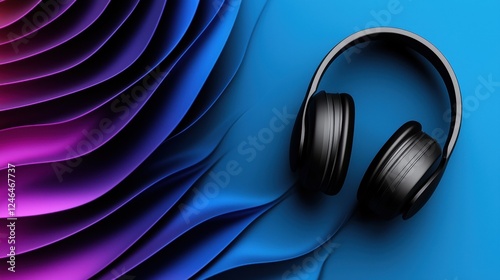 A pair of black headphones on a blue background. photo