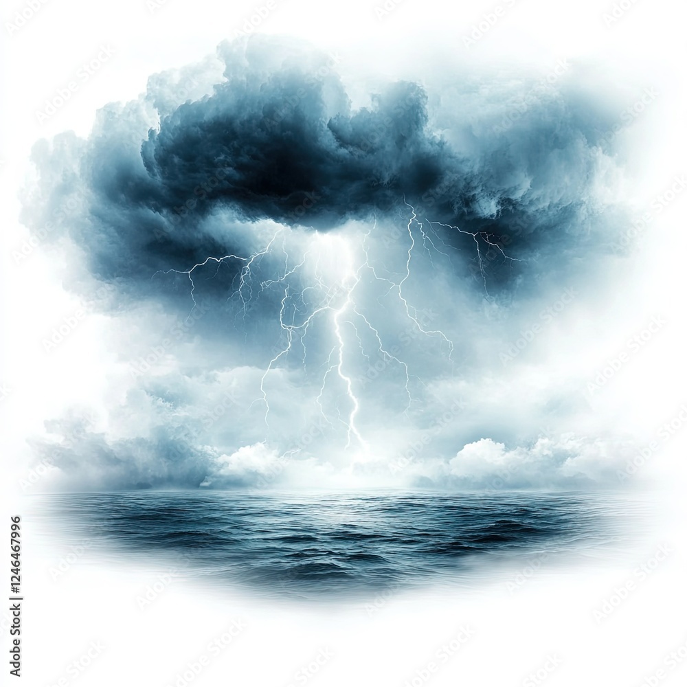 Naklejka premium Tempestuous Ocean Storm, fierce lightning strikes illuminate dark clouds, creating a captivating scene of nature's raw power and beauty