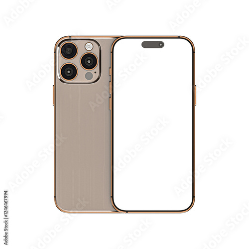 3D Render Modern Smartphone Titanium Desert Premium Orthographic View Front and Back Transparent Background