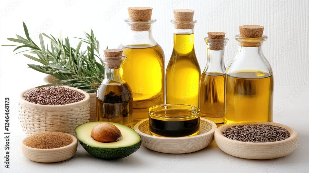 Intriguing display of various cooking oils with olives and avocado on a light beige background, perfect for food enthusiasts. Intriguing display of various cooking oils with olives and avocado on a light beige background, perfect for food enthusiasts.