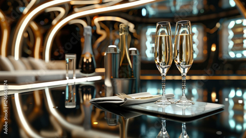 Luxury champagne setting visualized with a futuristic and innovative presentation, highly detailed