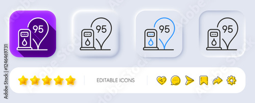 Petrol station line icon. Neumorphic, Flat shadow, 3d buttons. Filling station location sign. 95 gasoline fuel symbol. Line petrol station icon. Social media icons. Vector