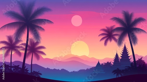 Tropical Sunset Silhouette Temples Palm Trees Double Sun