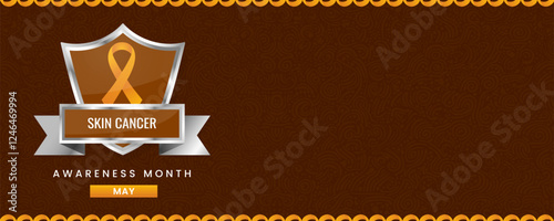 A horizontal banner design featuring a yellow ribbon on a silver shield, symbolizing International skin cancer Awareness Month. The banner has a yellow background with a decorative pattern.