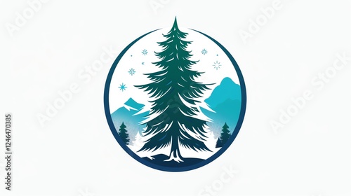A stylized illustration of a pine tree in front of a mountain range in a circular frame.