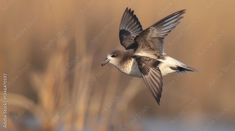 A graceful bird in mid-flight over a tranquil wetland at sunset, showcasing nature's beauty