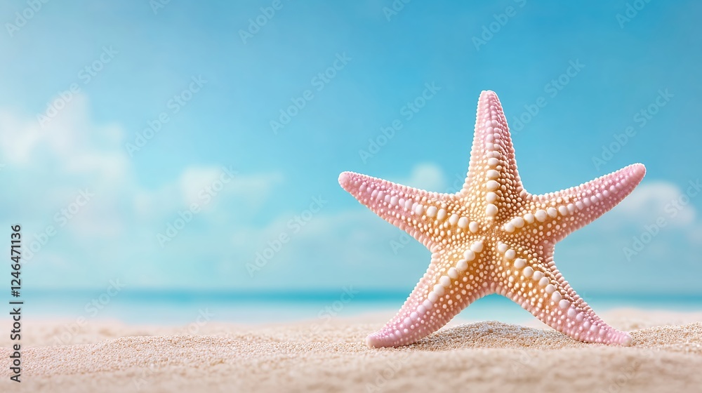 Close-Up of a Pink and Beige Starfish Resting on Sandy Beach with Ocean Background Close-Up of a Pink and Beige Starfish Resting on Sandy Beach with Ocean Background
