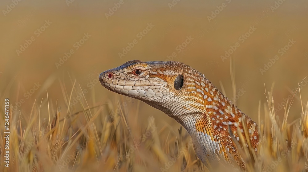 Fototapeta premium Close-up of a vibrant lizard in a golden grassland, showcasing intricate patterns and textures