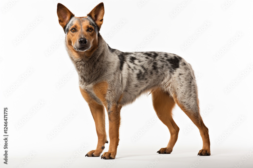 Australian Cattle Dog standing on a white background. Animal left-side portrait. Australian Cattle Dog standing on a white background. Animal left-side portrait.