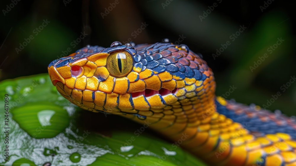 Vivid close-up of a colorful snake resting on a leaf, surrounded by lush green foliage in nature Vivid close-up of a colorful snake resting on a leaf, surrounded by lush green foliage in nature
