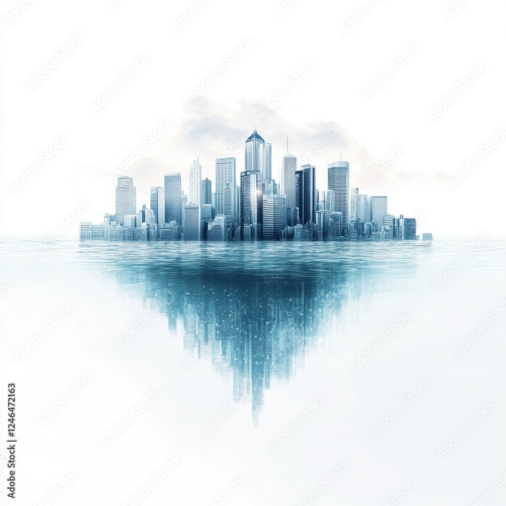 Fototapeta premium Futuristic Urban Submersion, a cityscape enveloped in water, featuring cool blue tones, set against a stark white background.