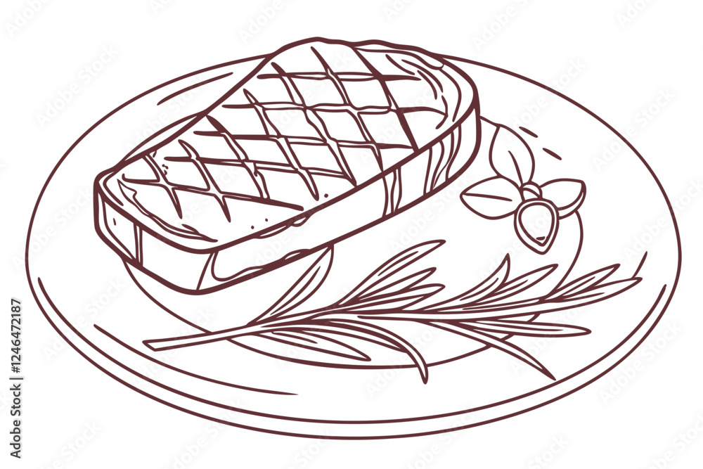 Minimalist Steak Plate Drawing One Line Art on White Background Minimalist Steak Plate Drawing One Line Art on White Background